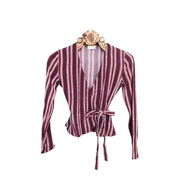 Aritzia Wilfred Free Top Wrap Vertical Stripe Long Sleeve Peplum Top Red xs - Picture 1 of 8